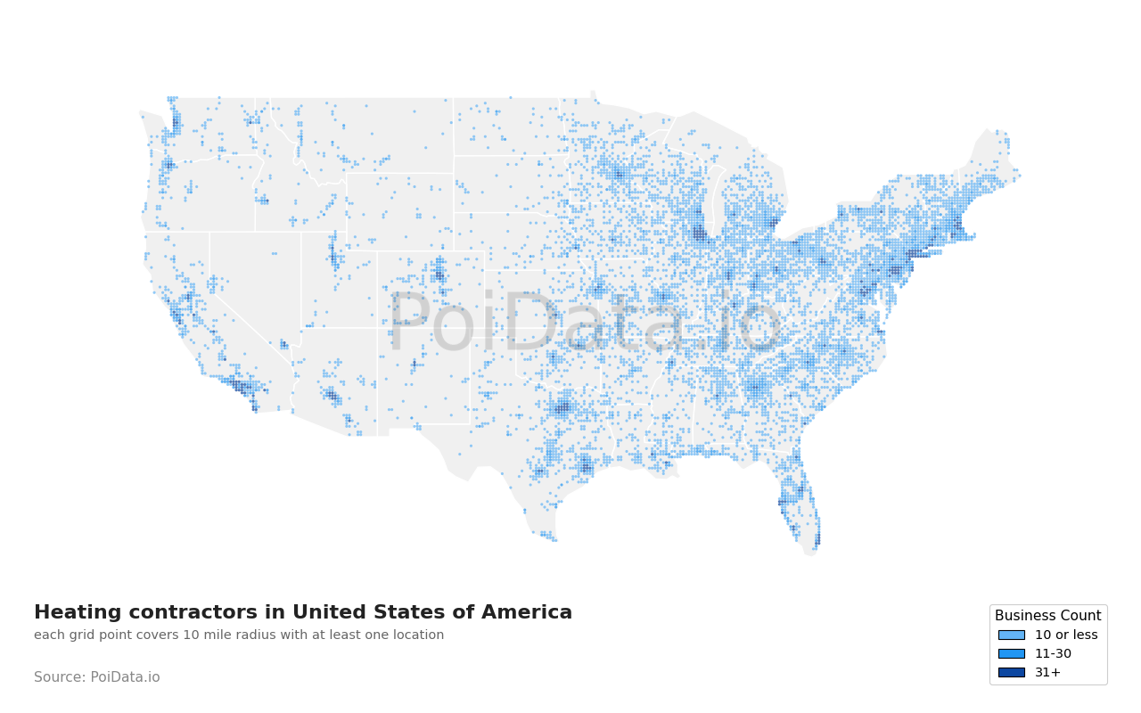 Heating contractor density map for Florida, United States