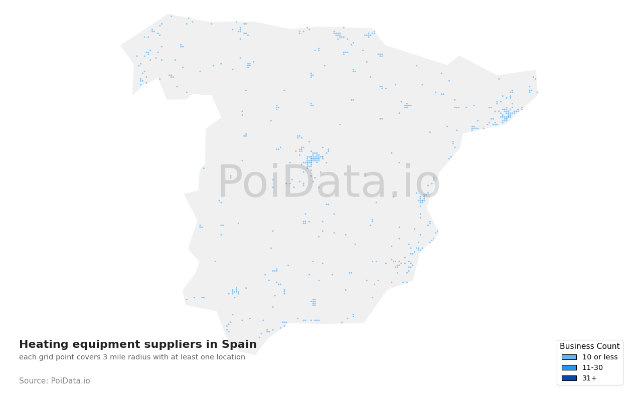 Heating equipment supplier density map for Spain