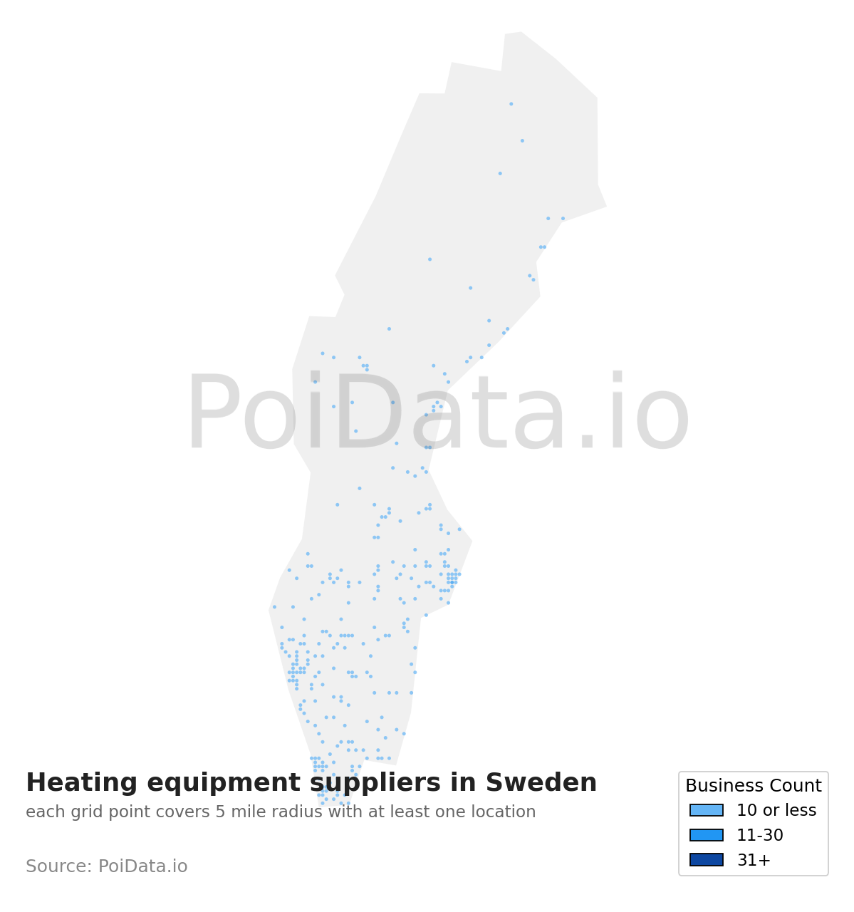 Heating equipment supplier density map for Sweden