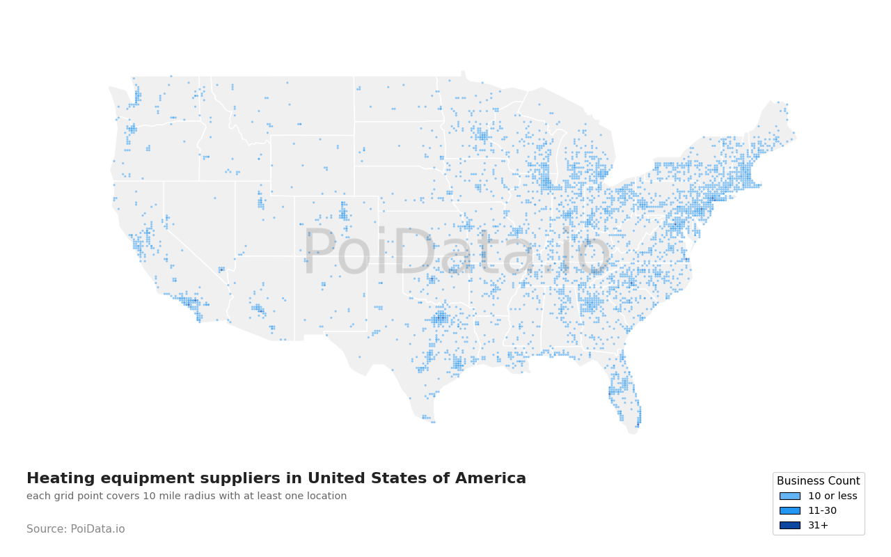 Heating equipment supplier density map for Florida, United States