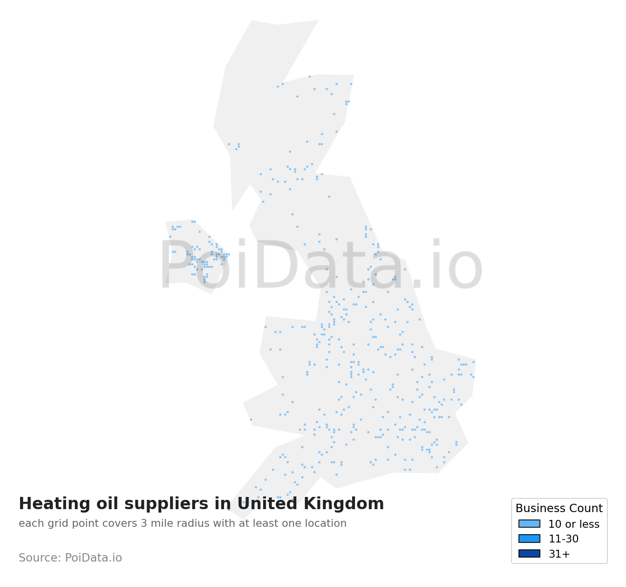 Heating oil supplier density map for United Kingdom