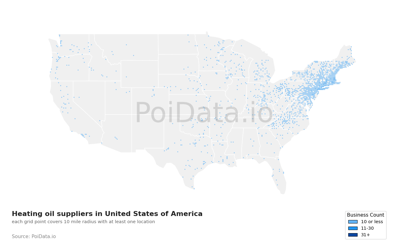 Heating oil supplier density map for United States