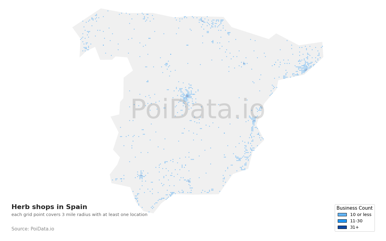 Herb shop density map for Spain