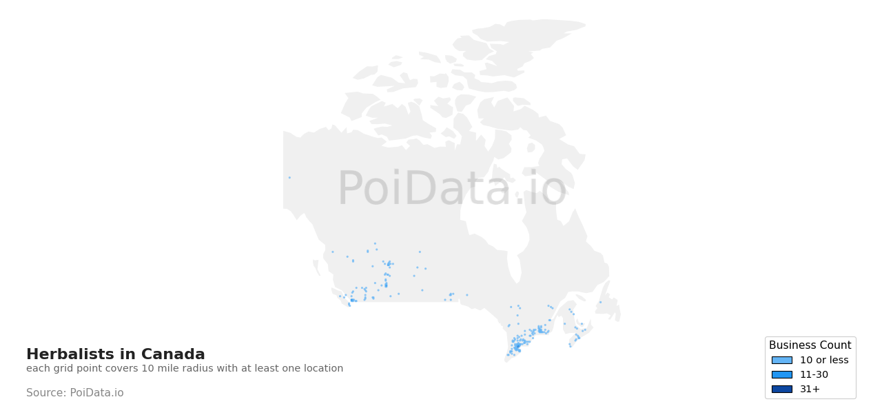 Herbalist density map for Alberta, Canada