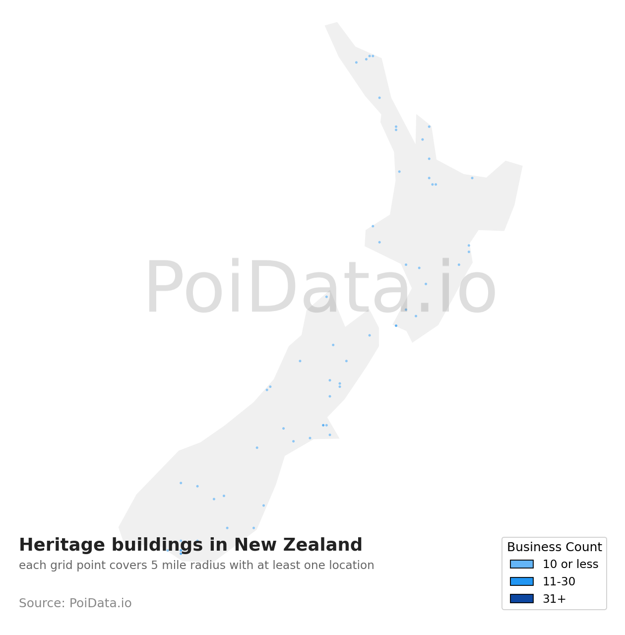Heritage building density map for New Zealand
