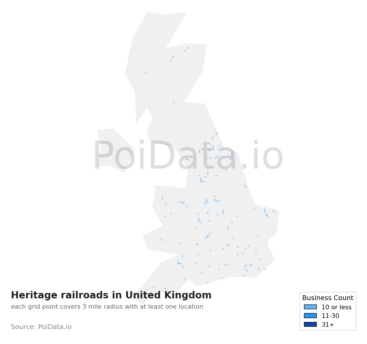 Heritage railroad density map for United Kingdom
