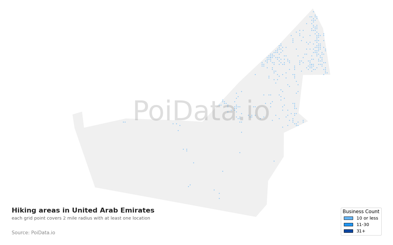 Hiking area density map for United Arab Emirates