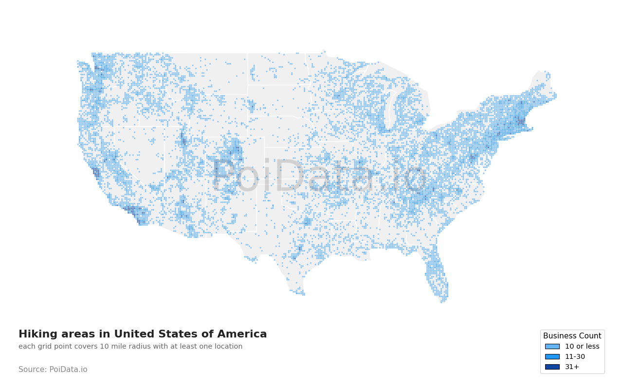 Hiking area density map for Florida, United States