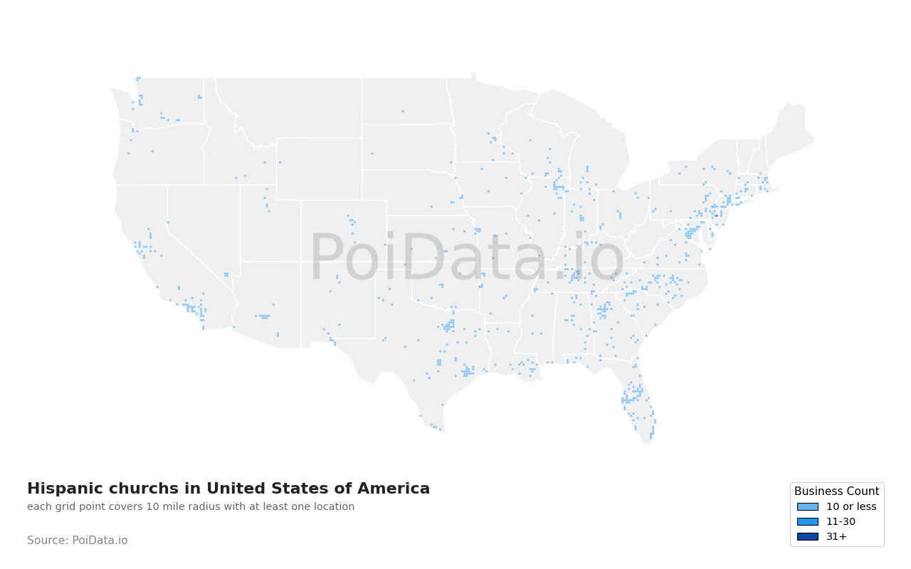 Hispanic church density map for Louisiana, United States