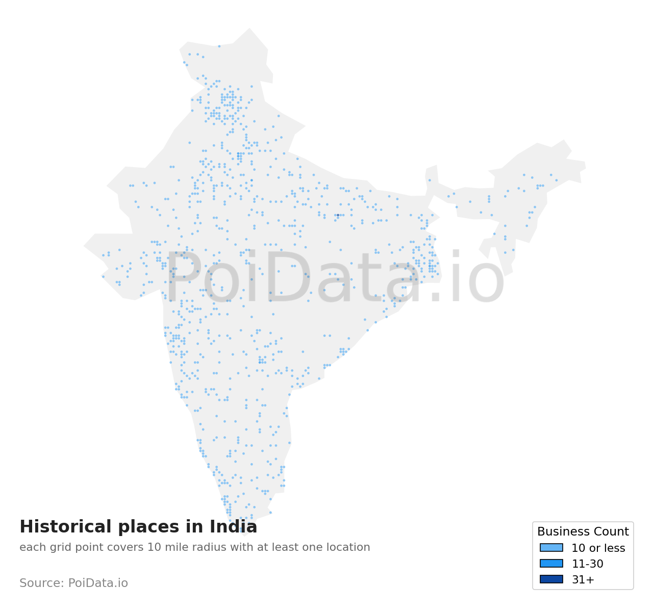 Historical place density map for India