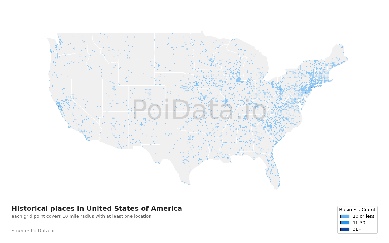 Historical place density map for Florida, United States