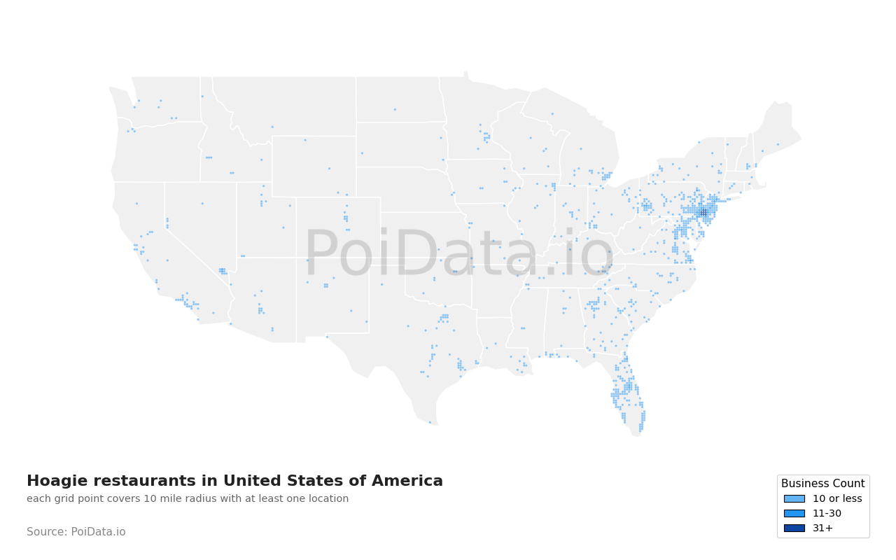 Hoagie restaurant density map for Pennsylvania, United States