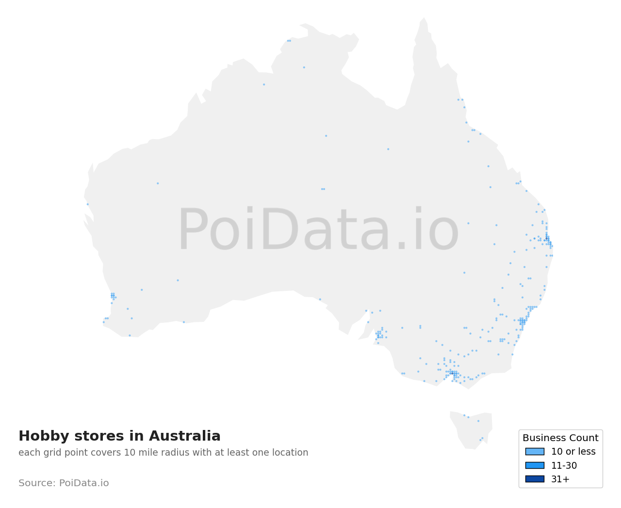 Hobby store density map for Australia