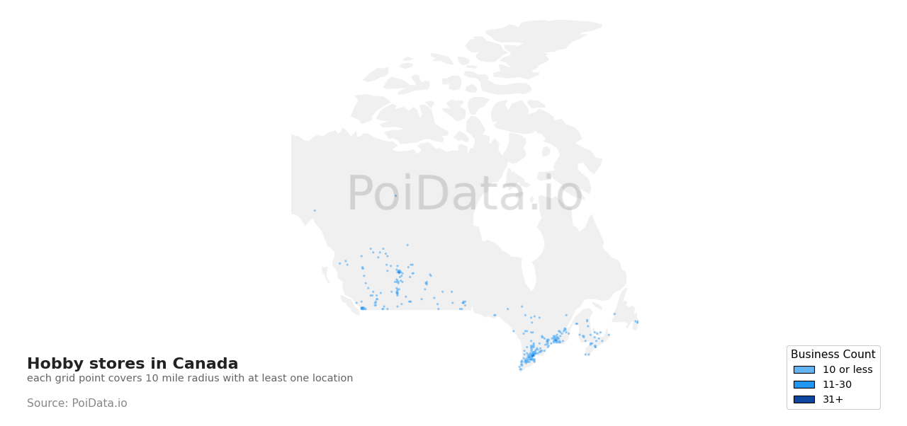 Hobby store density map for Canada
