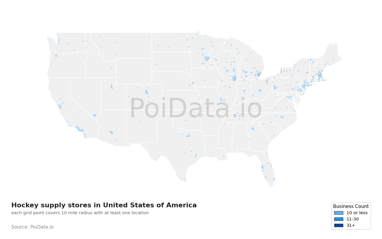 Hockey supply store density map for Massachusetts, United States