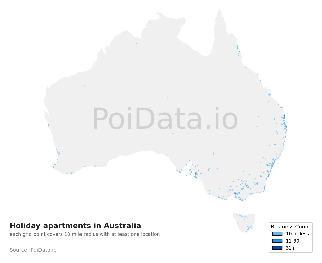 Holiday apartment density map for Australia