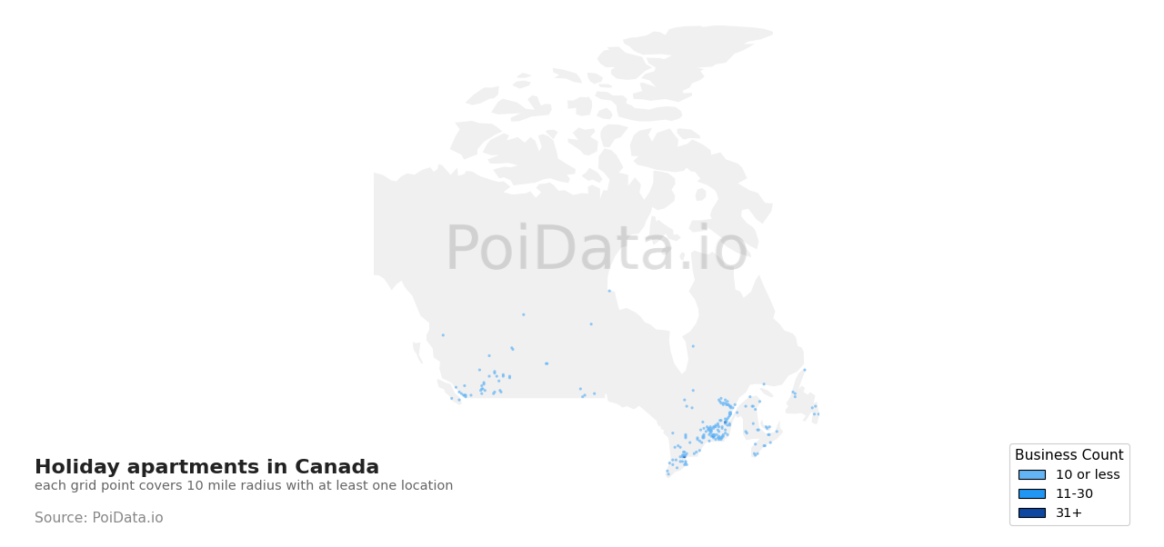 Holiday apartment density map for Quebec, Canada
