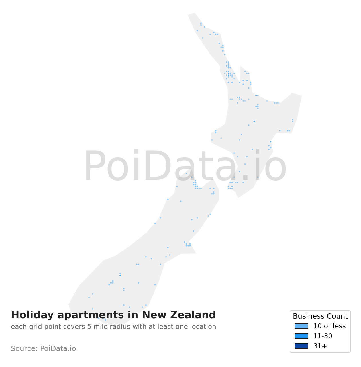 Holiday apartment density map for New Zealand