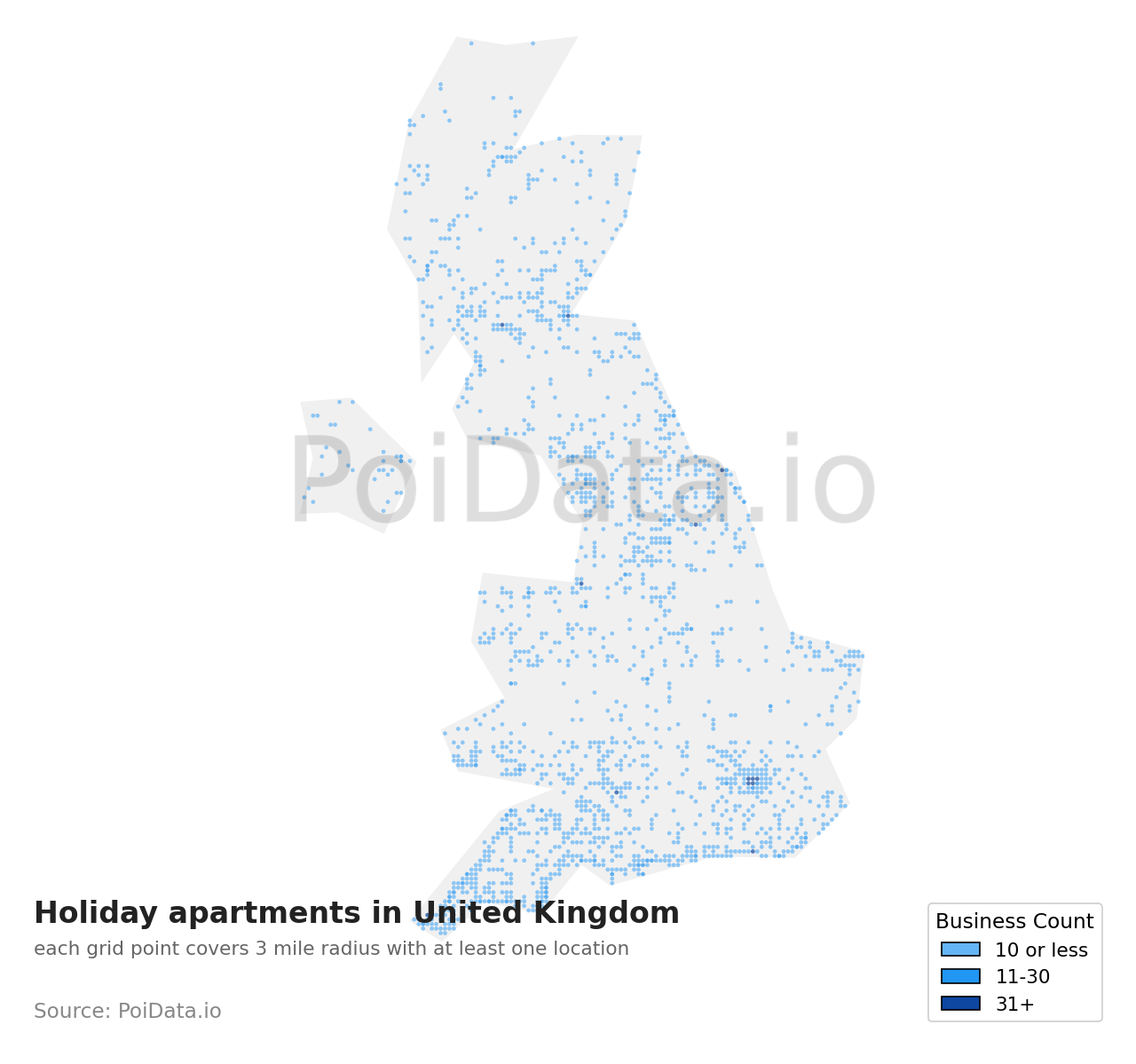 Holiday apartment density map for United Kingdom