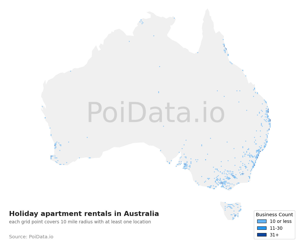 Holiday apartment rental density map for Australia