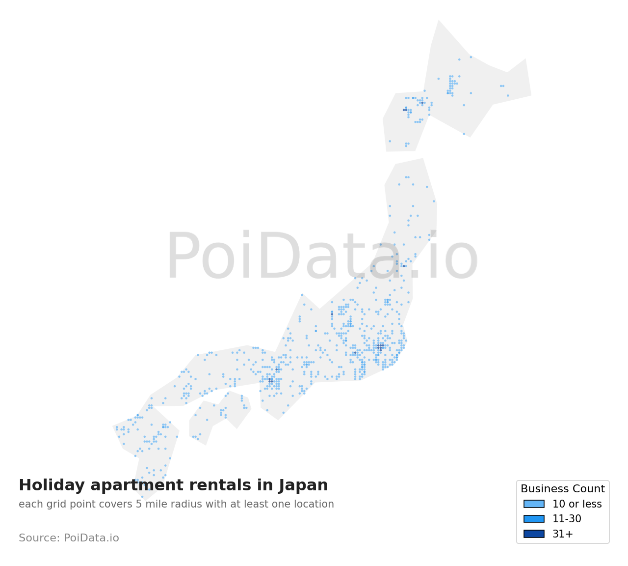 Holiday apartment rental density map for Japan