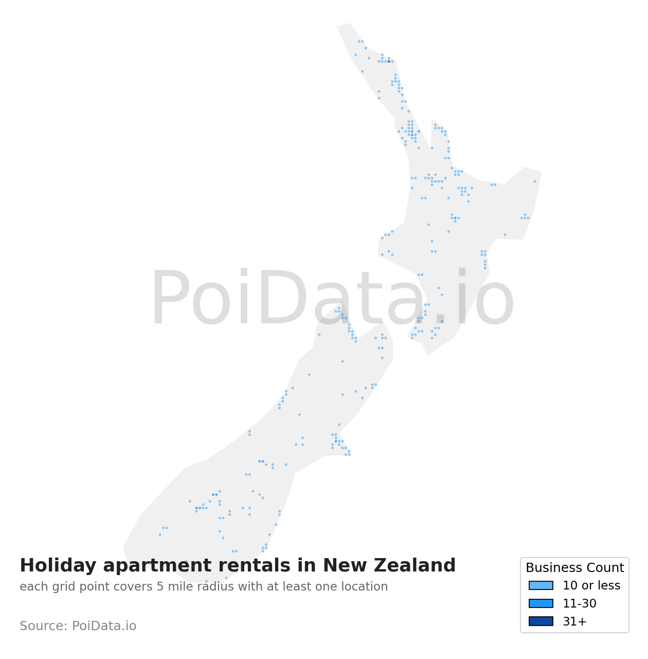 Holiday apartment rental density map for New Zealand