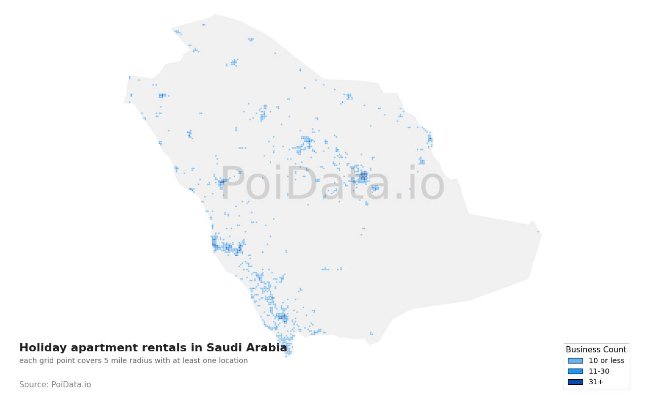 Holiday apartment rental density map for Saudi Arabia
