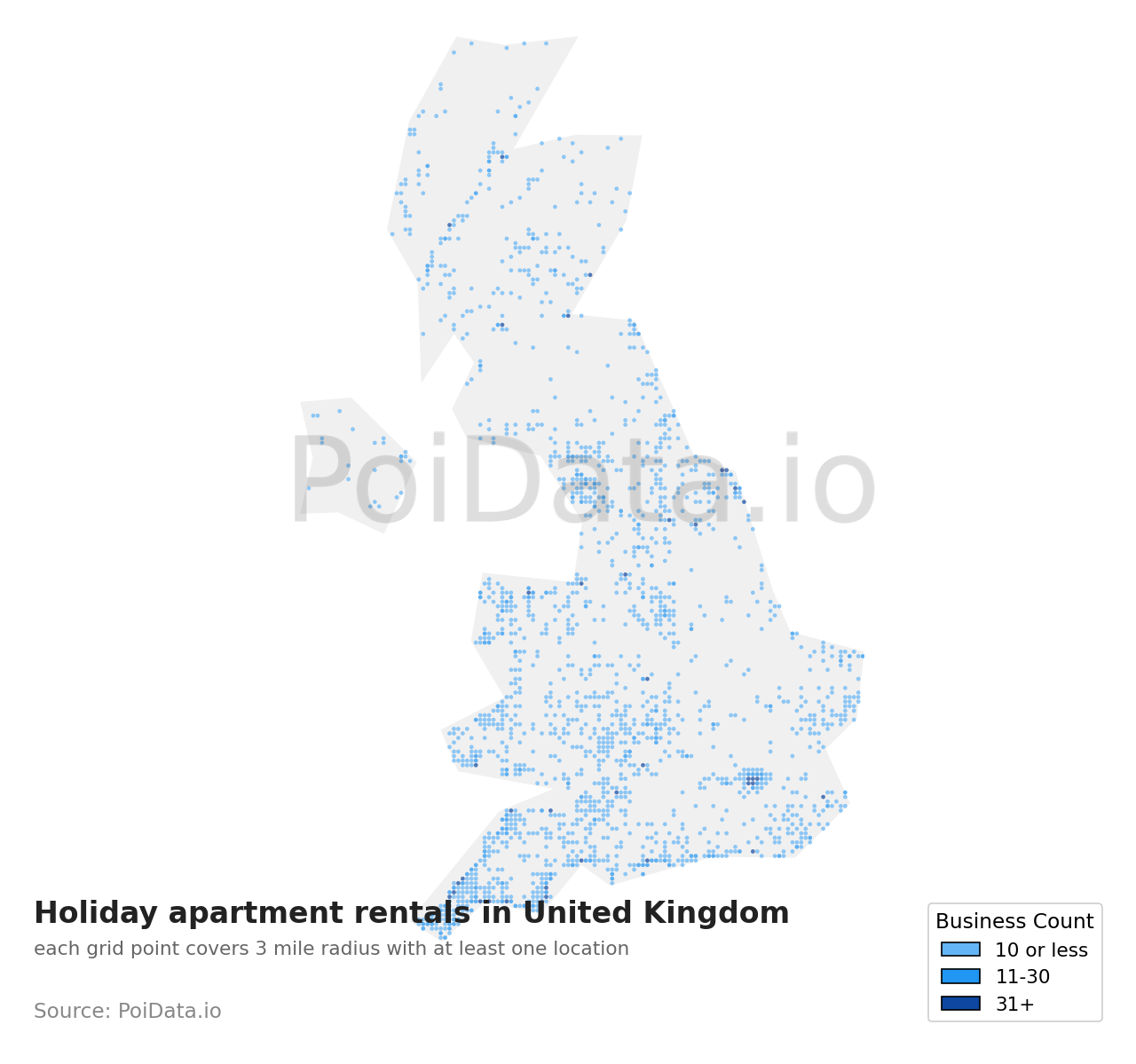 Holiday apartment rental density map for United Kingdom