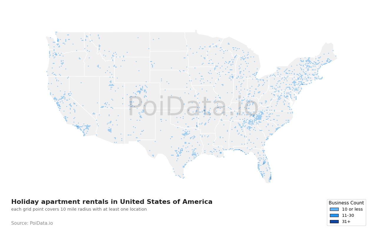 Holiday apartment rental density map for United States