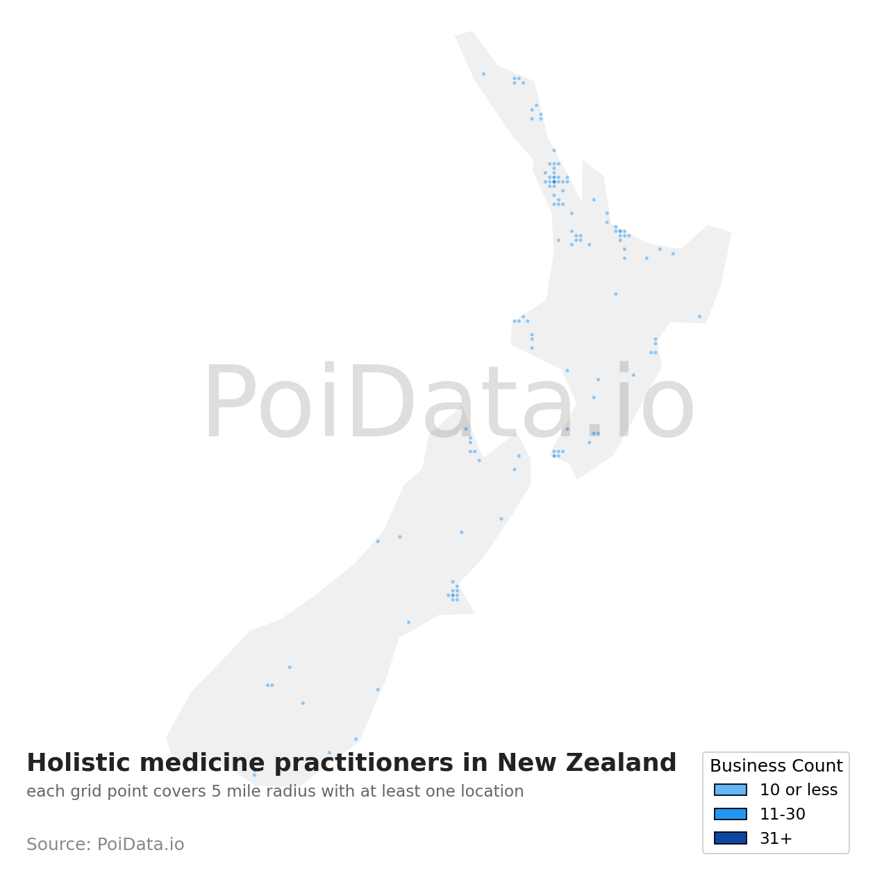 Holistic medicine practitioner density map for New Zealand