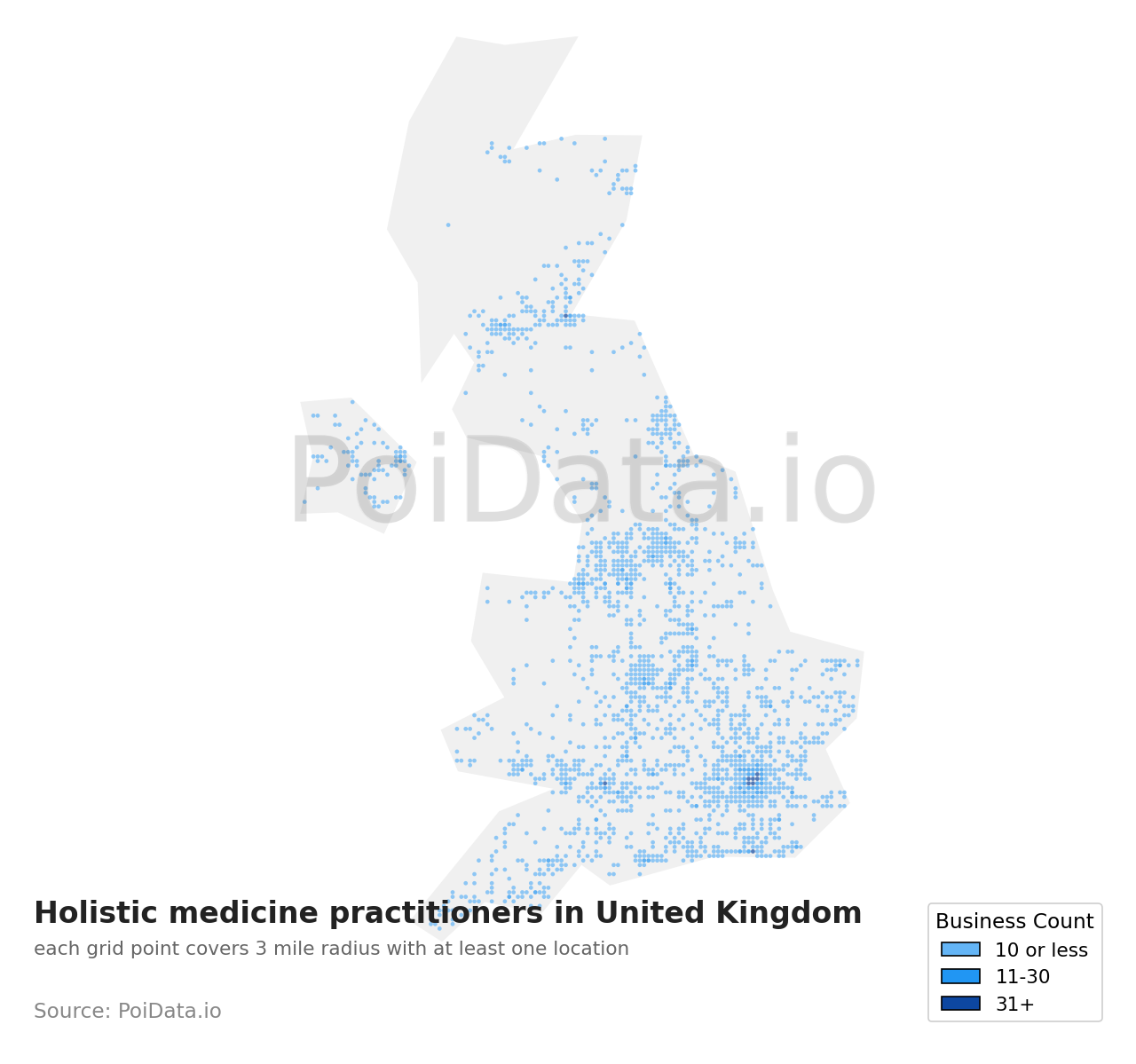 Holistic medicine practitioner density map for United Kingdom