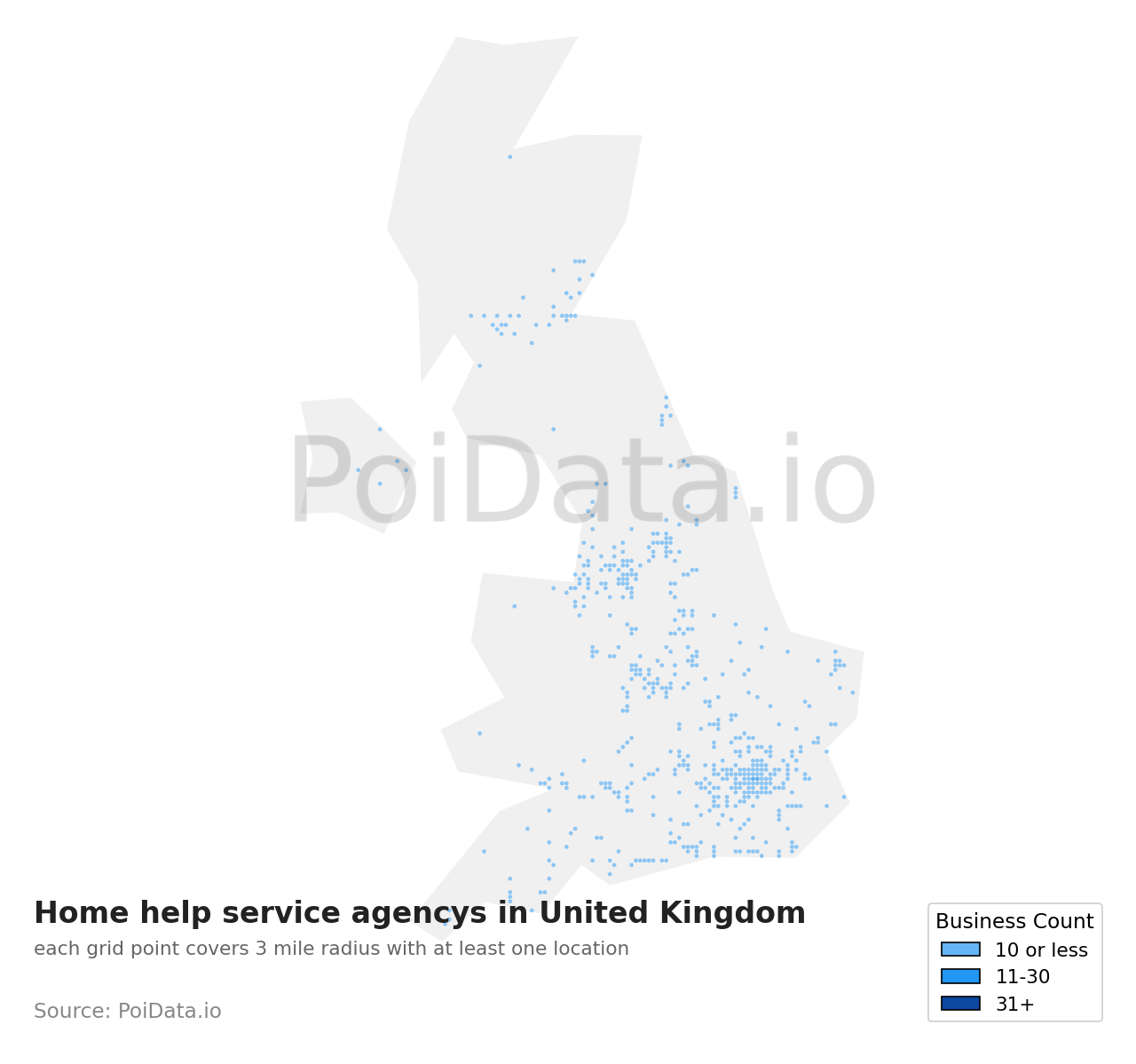 Home help service agency density map for United Kingdom