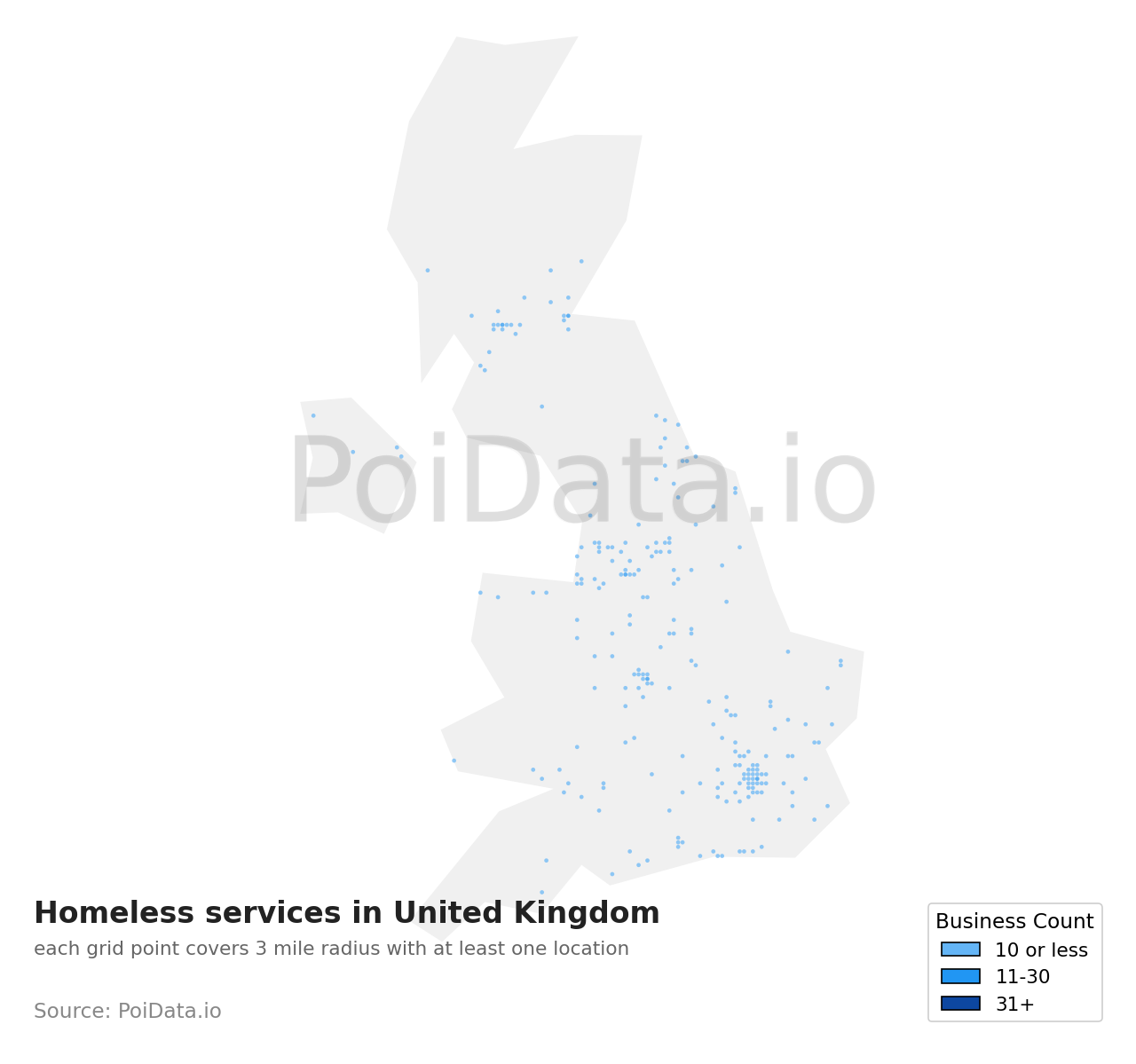 Homeless service density map for United Kingdom