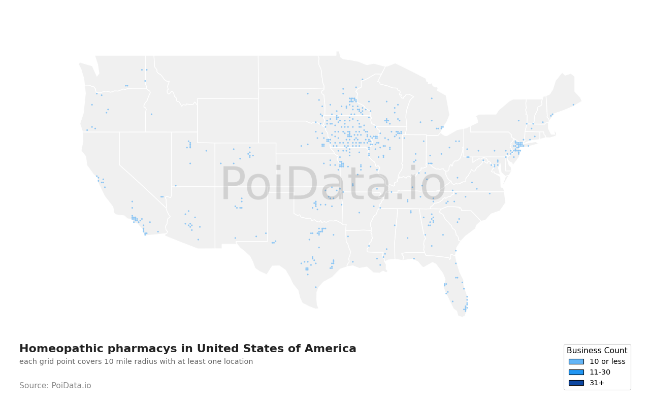 Homeopathic pharmacy density map for United States