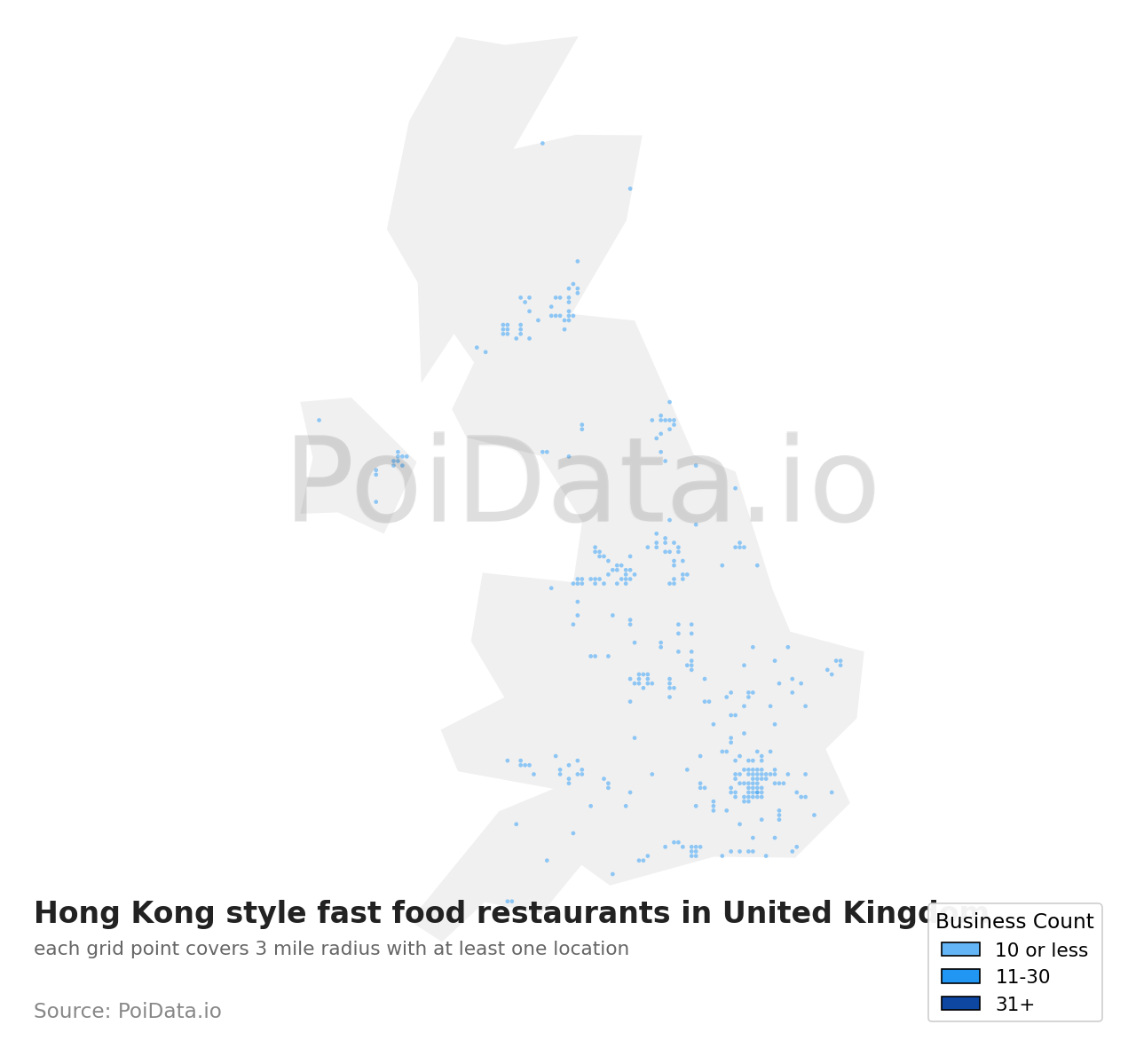 Hong Kong style fast food restaurant density map for United Kingdom