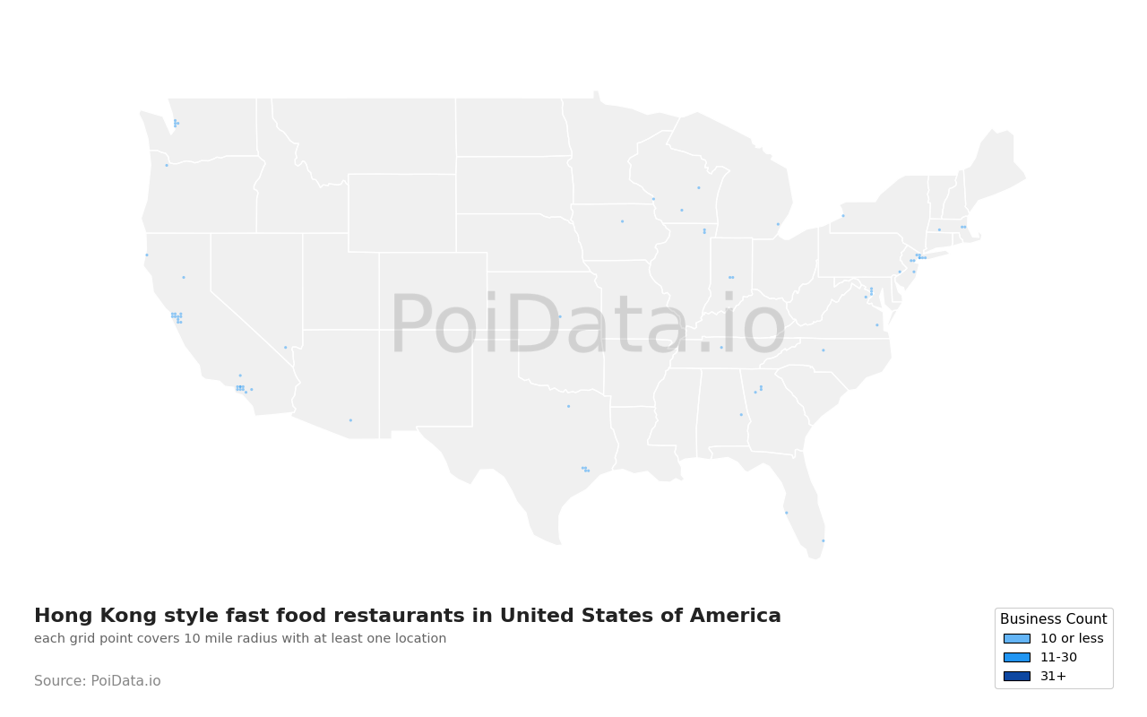 Hong Kong style fast food restaurant density map for United States