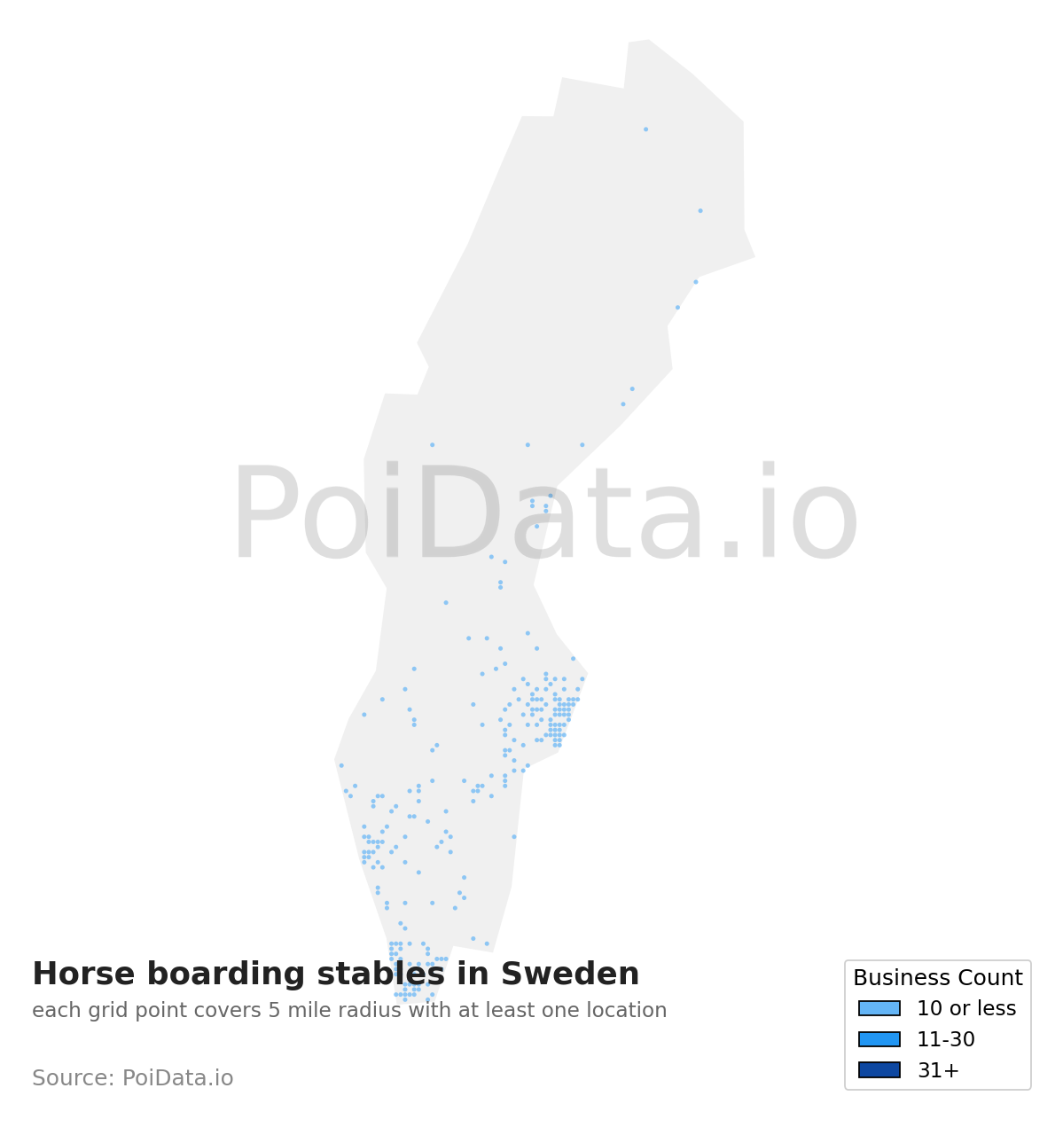 Horse boarding stable density map for Sweden