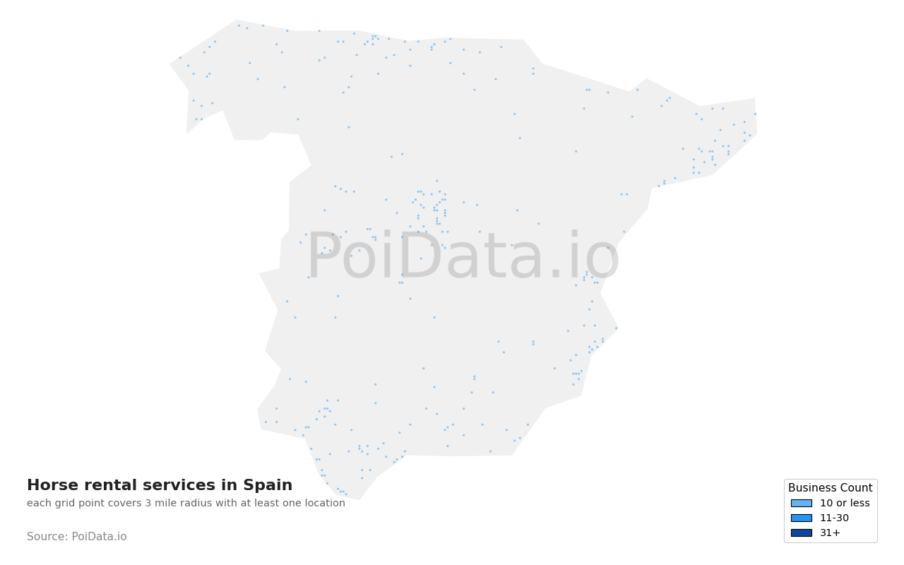 Horse rental service density map for Spain