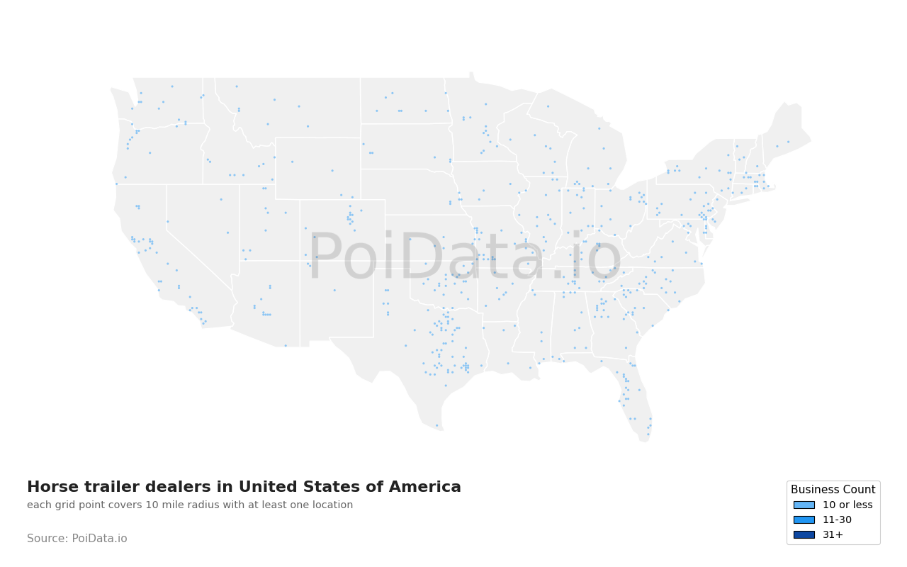 Horse trailer dealer density map for United States