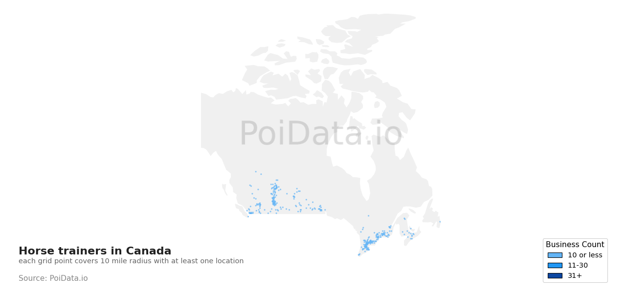 Horse trainer density map for New Brunswick, Canada