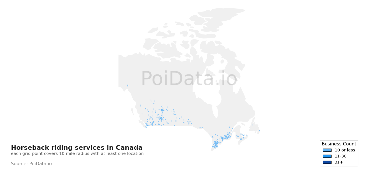 Horseback riding service density map for Saskatchewan, Canada