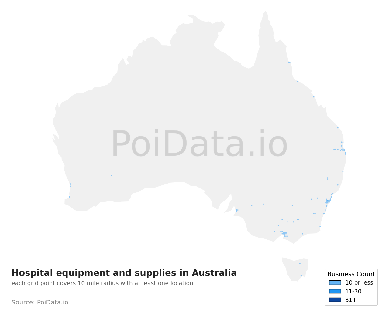Hospital equipment and supplies density map for Australia