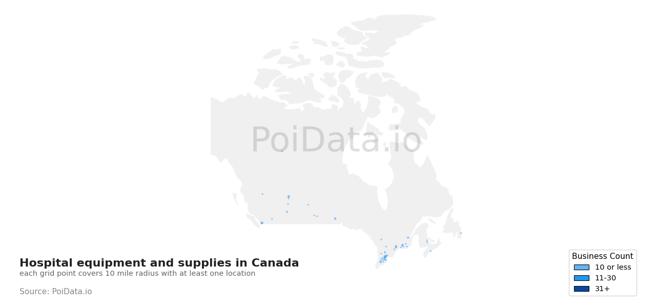 Hospital equipment and supplies density map for Manitoba, Canada