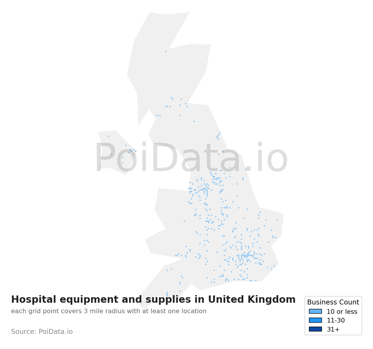 Hospital equipment and supplies density map for United Kingdom