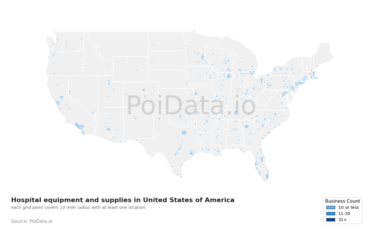 Hospital equipment and supplies density map for United States