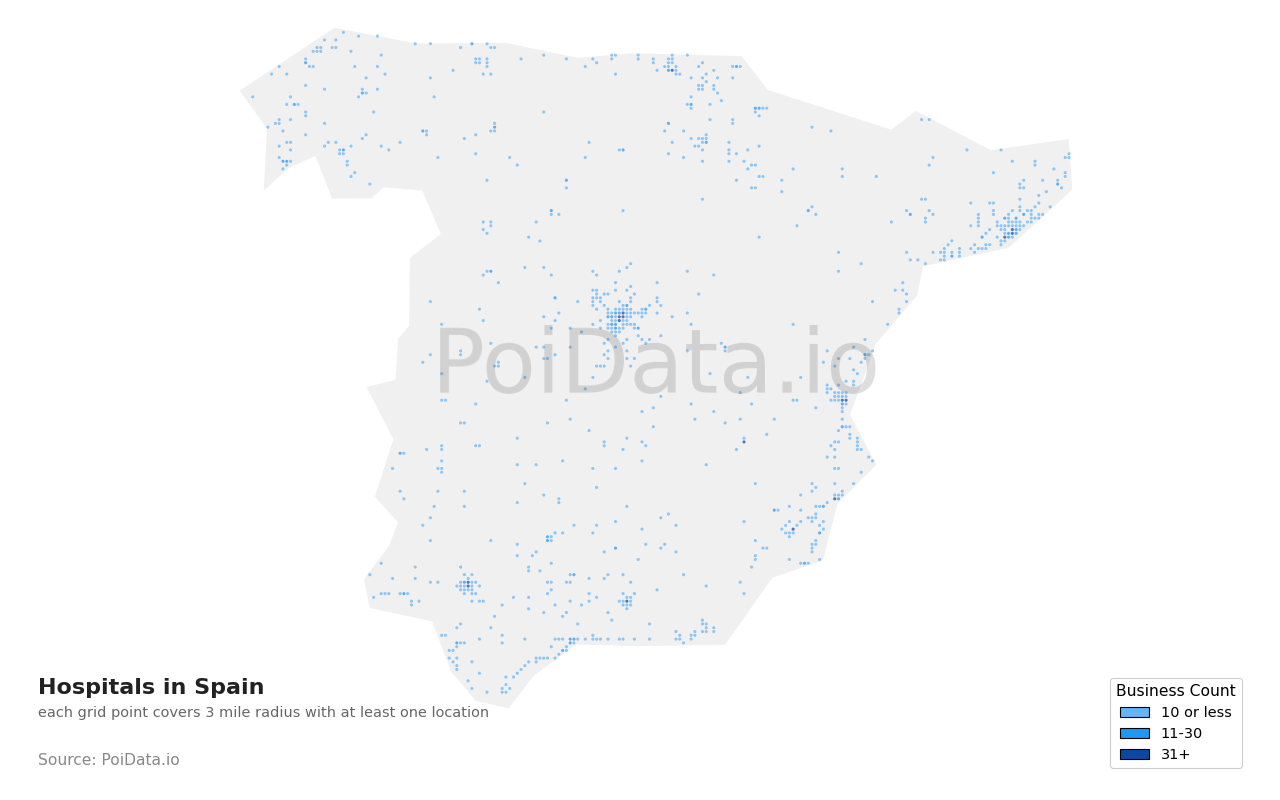 Hospital density map for Spain