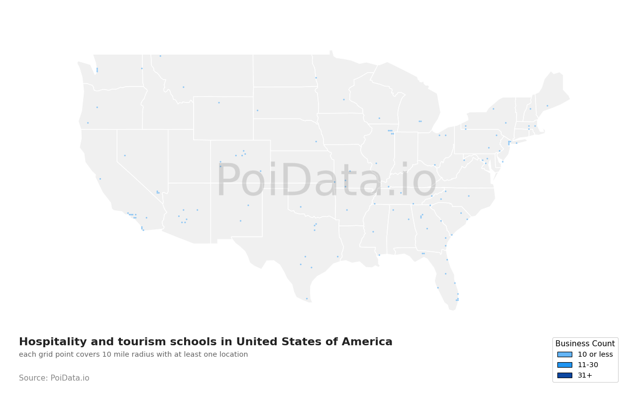 Hospitality and tourism school density map for United States
