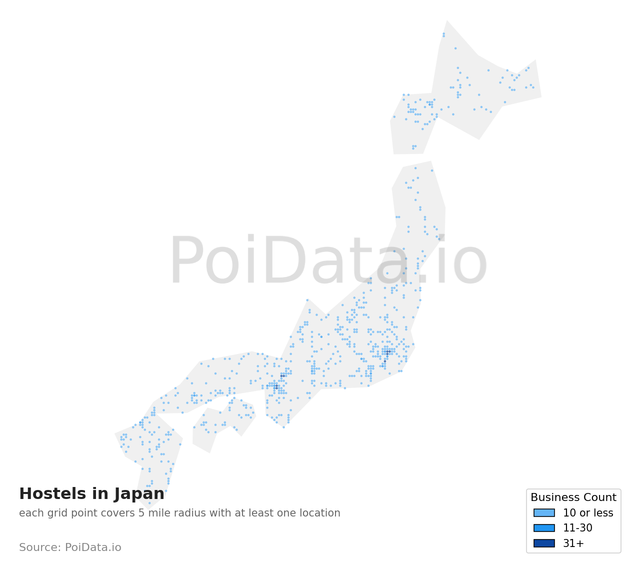 Hostel density map for Japan
