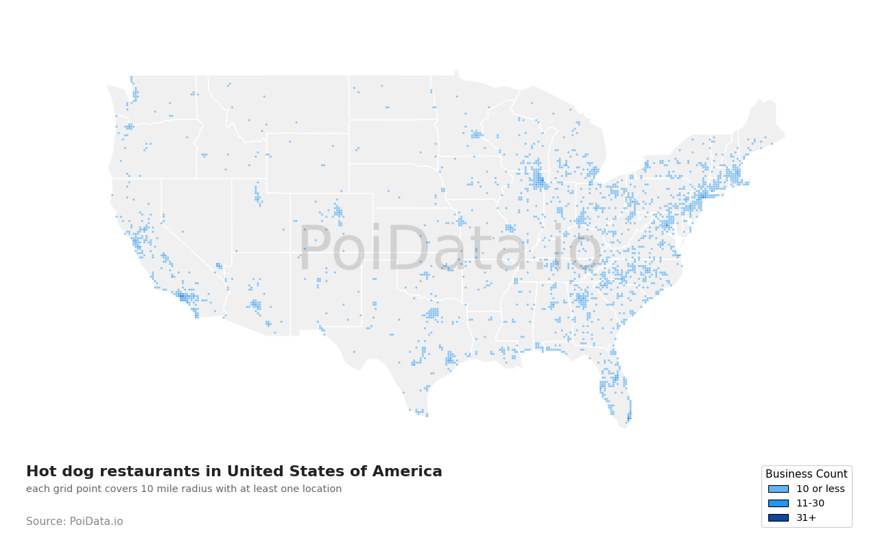 Hot dog restaurant density map for California, United States
