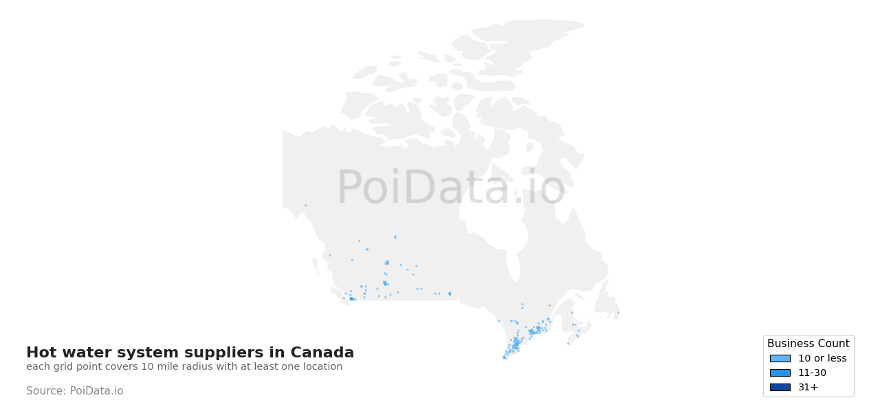 Hot water system supplier density map for Newfoundland and Labrador, Canada